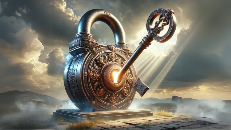 Giant fantasy lock with glowing ornate key in a mystical misty landscape
