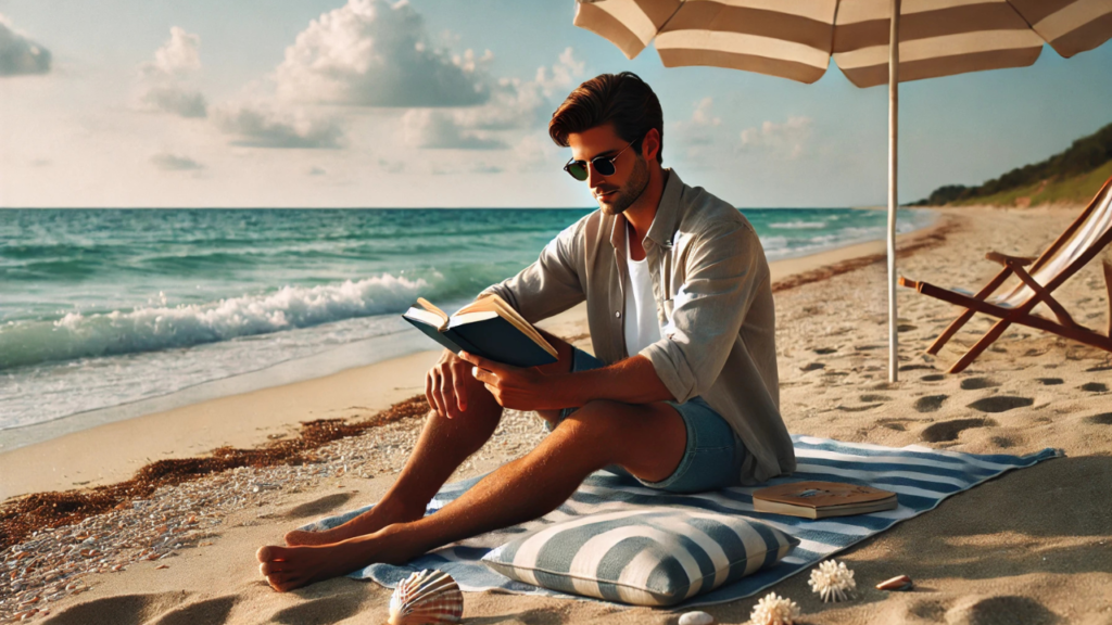 Man reading book on the beach